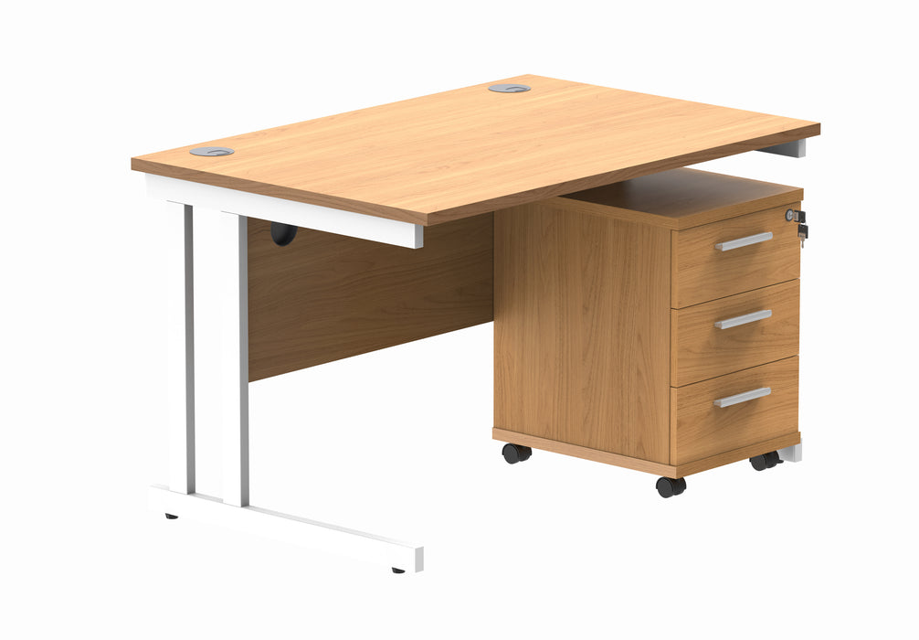 Double Upright Rectangular Desk + 3 Drawer Mobile Under Desk Pedestal | 1200X800 | Norwegian Beech/White