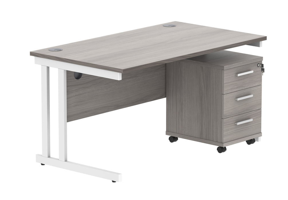 Double Upright Rectangular Desk + 3 Drawer Mobile Under Desk Pedestal | 1400X800 | Alaskan Grey Oak/White