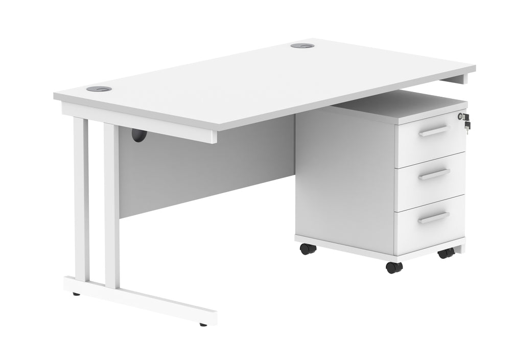 Double Upright Rectangular Desk + 3 Drawer Mobile Under Desk Pedestal | 1400X800 | Arctic White/White