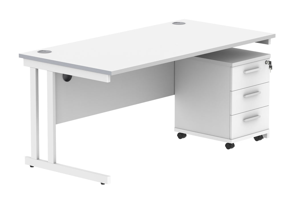 Double Upright Rectangular Desk + 3 Drawer Mobile Under Desk Pedestal | 1600X800 | Arctic White/White