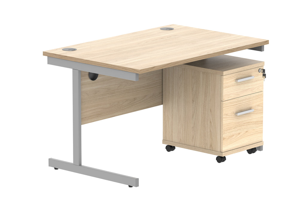 Single Upright Rectangular Desk + 2 Drawer Mobile Under Desk Pedestal | 1200X800 | Canadian Oak/Silver
