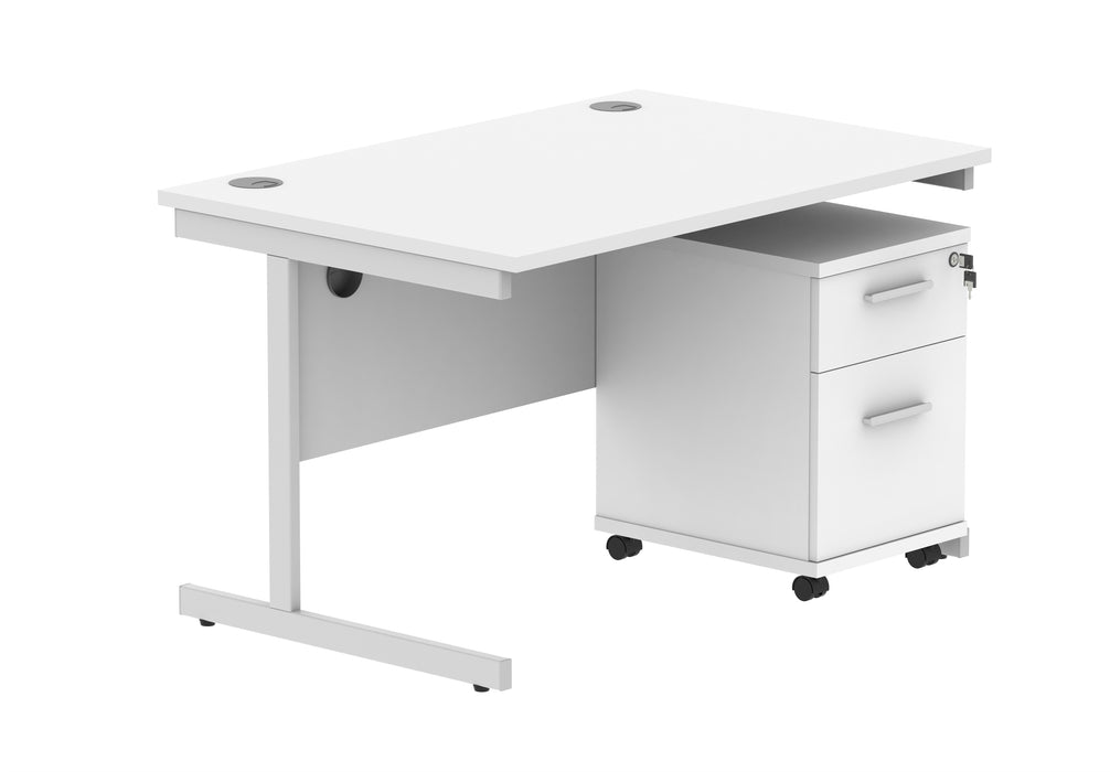 Single Upright Rectangular Desk + 2 Drawer Mobile Under Desk Pedestal | 1200X800 | Arctic White/Silver