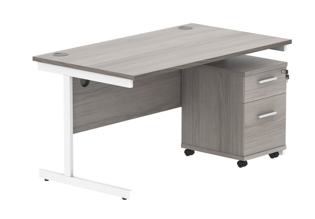 Single Upright Rectangular Desk + 2 Drawer Mobile Under Desk Pedestal | 1400X800 | Alaskan Grey Oak/White