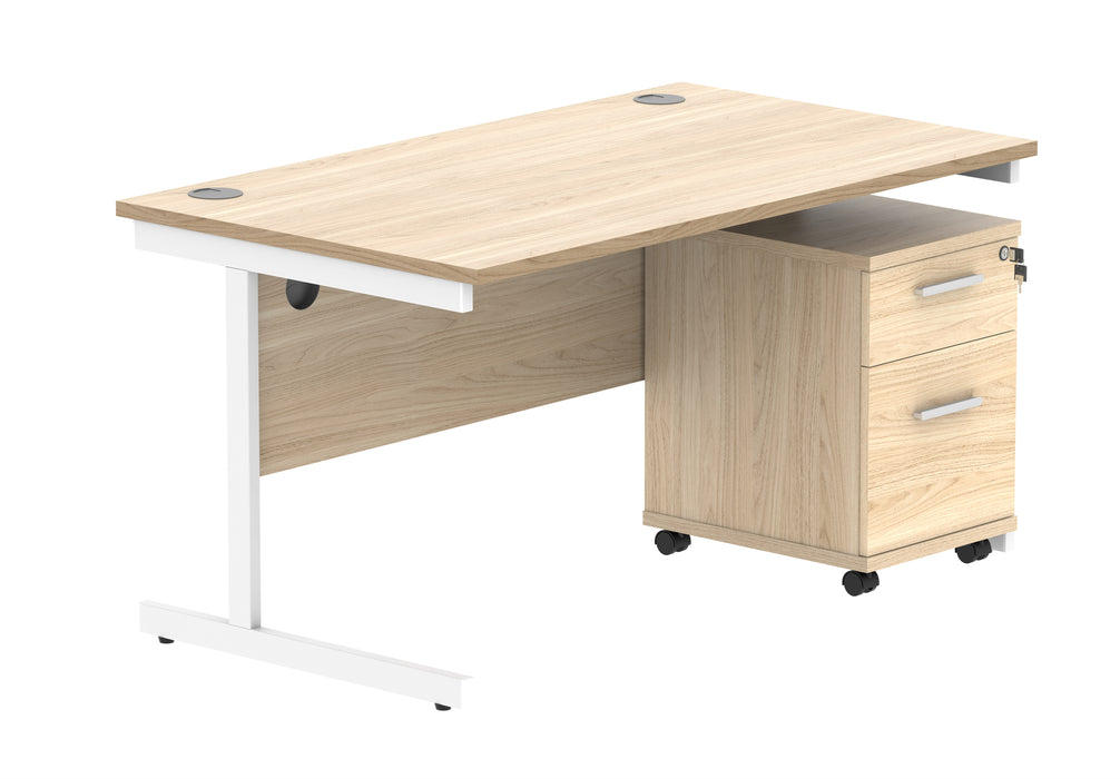 Single Upright Rectangular Desk + 2 Drawer Mobile Under Desk Pedestal | 1400X800 | Canadian Oak/White