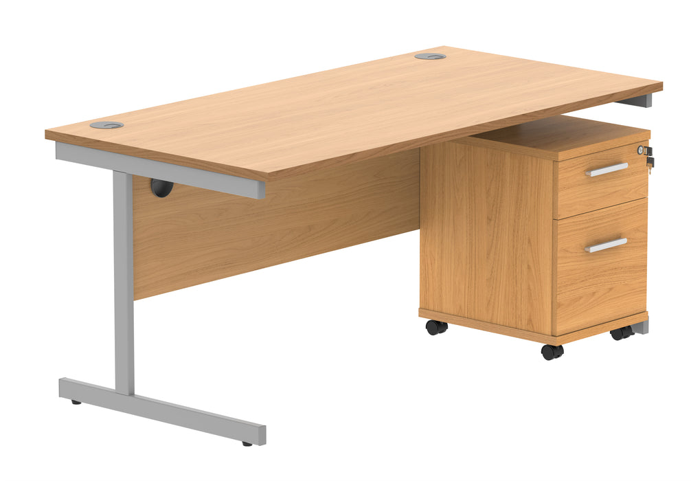 Single Upright Rectangular Desk + 2 Drawer Mobile Under Desk Pedestal | 1600X800 | Norwegian Beech/Silver