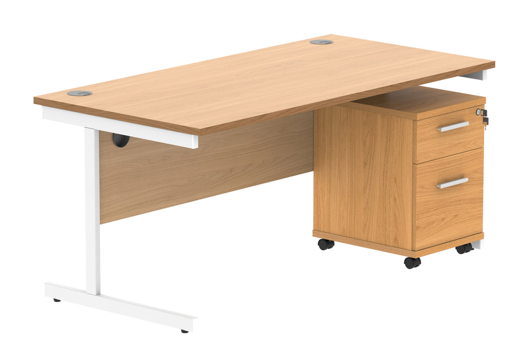 Single Upright Rectangular Desk + 2 Drawer Mobile Under Desk Pedestal | 1600X800 | Norwegian Beech/White