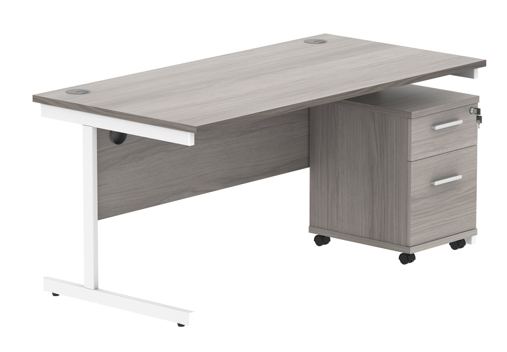 Single Upright Rectangular Desk + 2 Drawer Mobile Under Desk Pedestal | 1600X800 | Alaskan Grey Oak/White