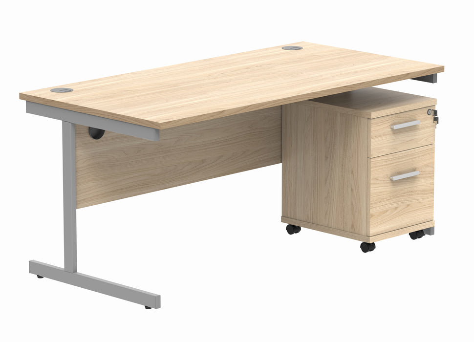 Single Upright Rectangular Desk + 2 Drawer Mobile Under Desk Pedestal | 1600X800 | Canadian Oak/Silver