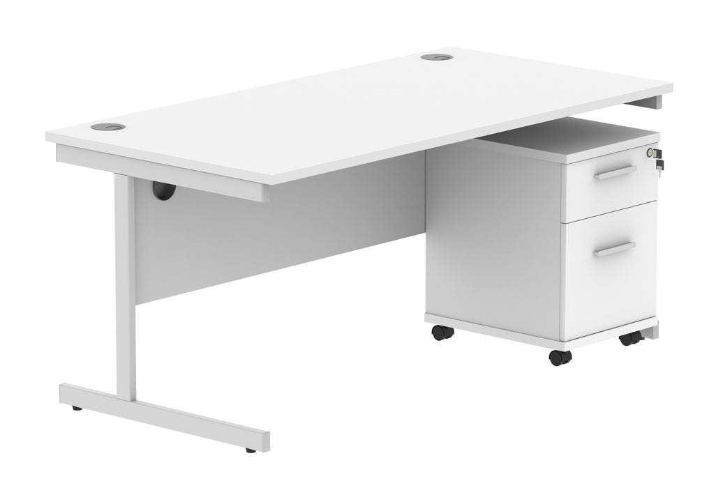 Single Upright Rectangular Desk + 2 Drawer Mobile Under Desk Pedestal | 1600X800 | Arctic White/Silver